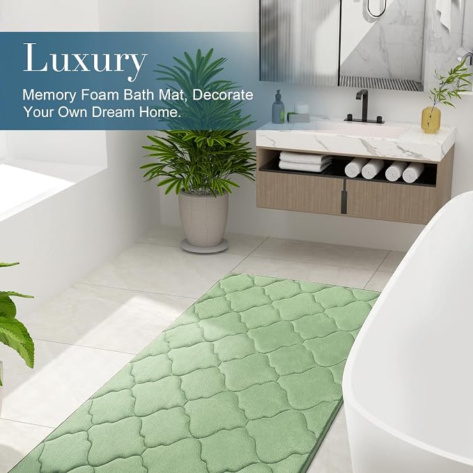 OLANLY Memory Foam Bath Mat Rug 47x20, Ultra Soft and Absorbent Bathroom Rugs, Non-Slip, Comfortable, Machine Washable Bath Carpet for Bathroom Floor, Tub Shower and Home Decor Accessories, Sage Green