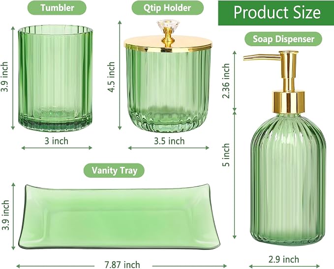 Haturi Bathroom Accessories Set, 4 Pcs Green Glass Bathroom Accessory Set Complete w/Lotion Soap Dispenser, Toothbrush Holder, Qtip Holder, Vanity Tray, Gold Bathroom Decor, Gift for Home Apartment
