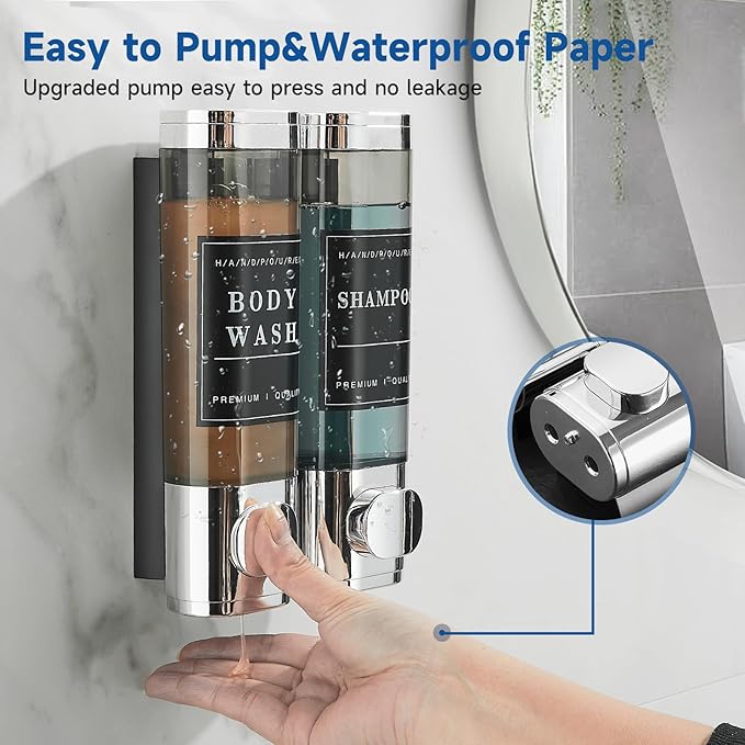 Shower Soap Dispenser 2 Chamber No Drill Wall-Mounted Shampoo Dispenser for Shower Wall Mounted Shower Dispenser for Bathroom Hotel Large Capacity,Chrome1