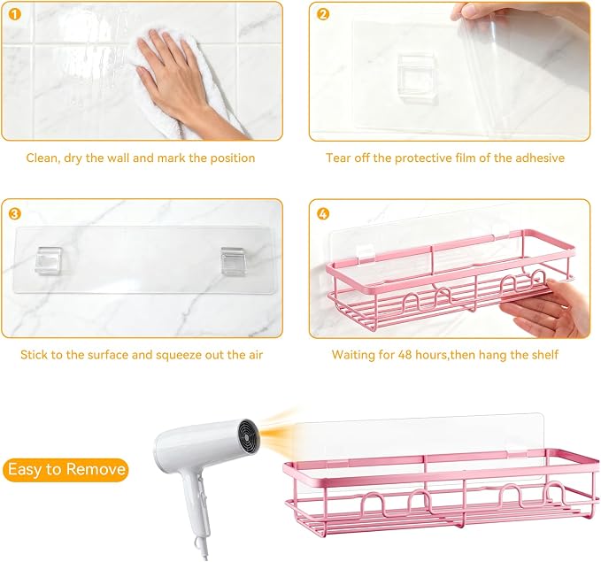 Adhesive Shower Caddy, Large Capacity Shower Racks for Inside Shower, No Drill Bathroom Shower Organizer and Storage, 2 Pack Pink Bathroom Shelves, Home Decor Rv Accessories, Apartment