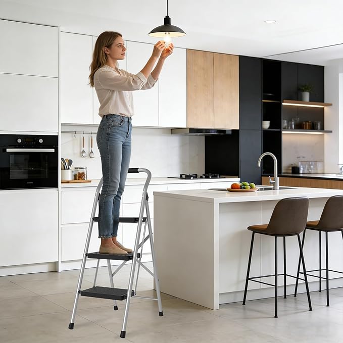 Step Stool for Adults,3 Step Ladder Folding 330lbs Anti Slip Step Stool,Foldable Ergonomic 3 Step Stool with Wide Pedal for Home, Kitchen, Office (Sliver)