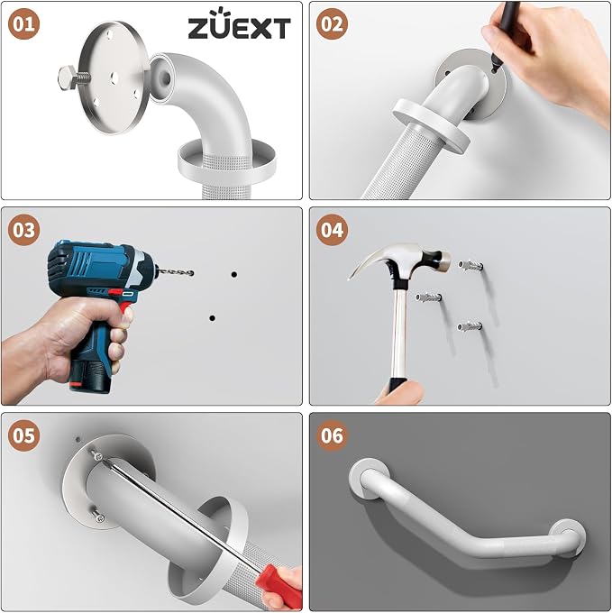 16 Inch Angled Grab Bar, ZUEXT Anti Slip Shower Grab Bar Handles, White Stainless Steel Knurled Bathroom Balance Bar, Safety Hand Rail Support for Handicap Elderly Injury Senior - 1.25" Diameter