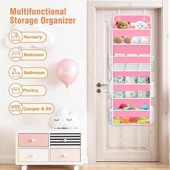 WISELIFE Over The Door Organizer Storage 4 Shelves Large Capacity Hanging Bedroom Storage Solution with 6 Side Pockets for Dorm Bathroom Pantry Nursery and Baby Essentials Holds up to 40 Lbs (Pink)