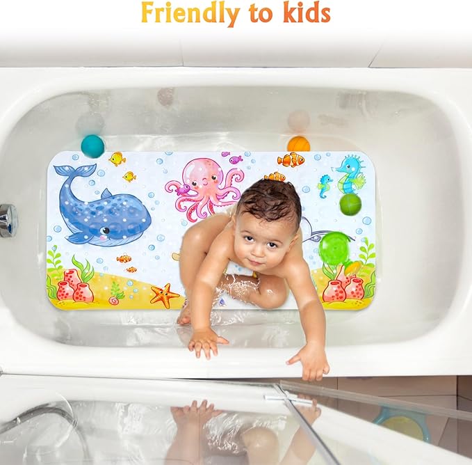 Secopad Bath Mat for Tub Non Slip, Machine Washable Anti-Slip Cartoon Baby Bathtub Shower Mat with Drain Holes and Suction Cups for Toddler & Kids, 27.5 Inch x 15 Inch-Rectangular, Pink Octopus