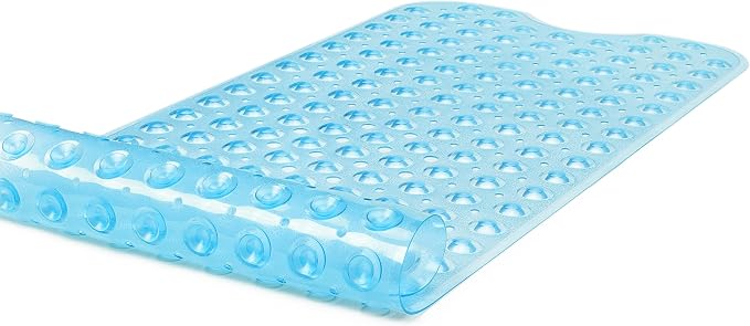Extra-Long Non-Slip Bathtub & Shower Mat 39”x16” (Smooth/Non-Textured Tubs Only) Safe, Clean, Machine-Washable, Superior Grip&Drainage, Vinyl, Transparent Light Blue