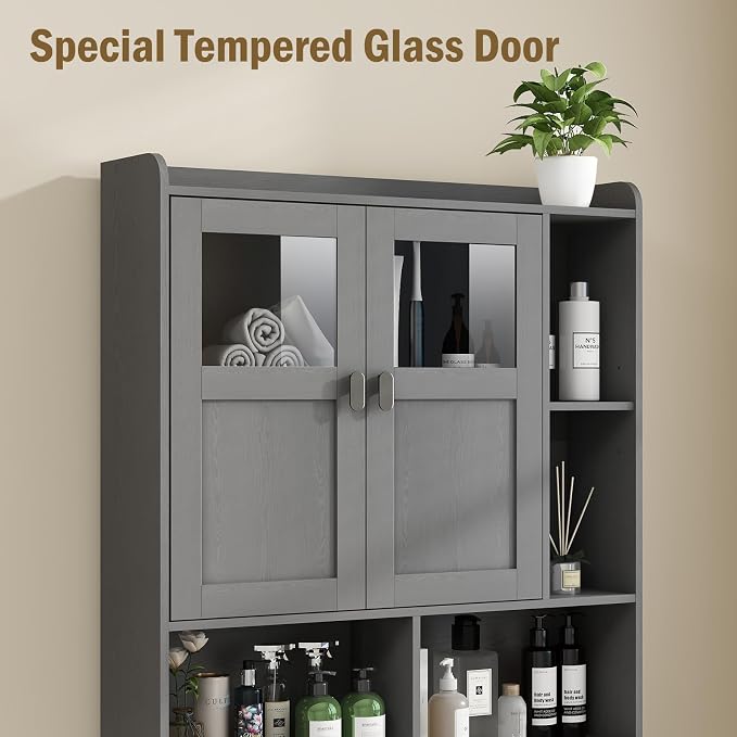 Vabches Over The Toilet Storage Cabinet, Bathroom Shelf Over Toilet with Glass Doors and Adjustable Shelves, Natural Grey Freestanding Home Space Save Toilet Rack, for Restroom, Bathroom, Laundry
