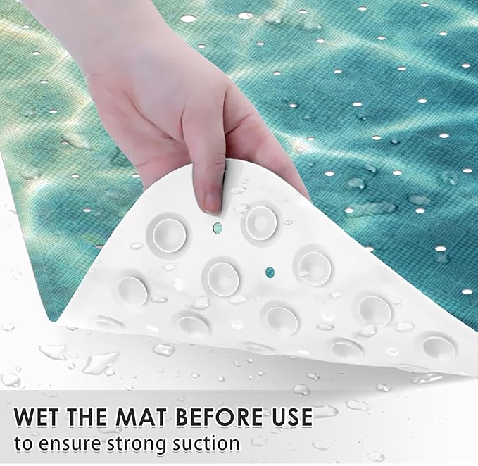 Seashell Summer Beach Bath Mat Non Slip, Starfish Blue 40 X 16 Inch Extra Long Bathtub Shower Mat for Tub Anti Slip with Suction Cups and Drain Holes for Kids Adults Elderly
