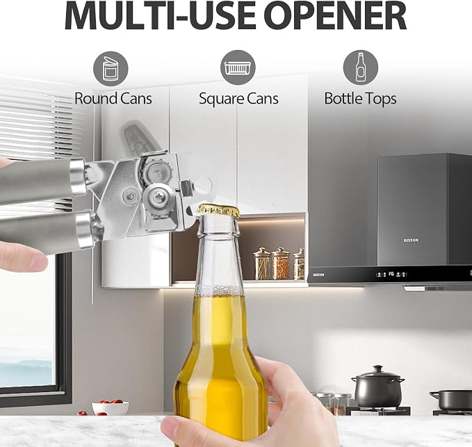 Safring Can Opener Manual, Heavy Duty Handheld Strong Can Opener with Soft Touch Handle, Sharp Blade Smooth Edge, Can Openers with Multifunctional Bottle Opener, Gray