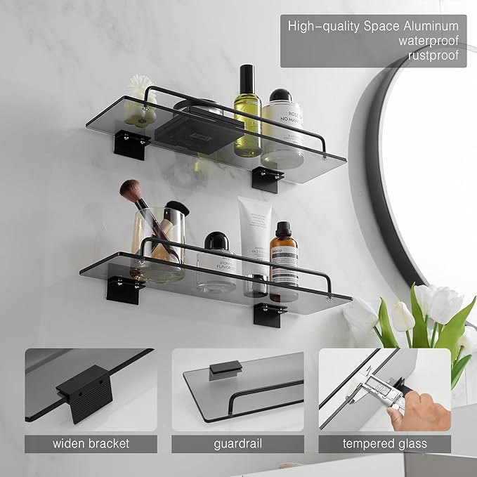 Voldra Glass Shelf for Bathroom, 2 Pack Adhesive Shower Shelves for Inside Shower No Drilling, Tempered Glass Showers Organizer with Guardrail Bathroom Shelf Storage Rack (Black)