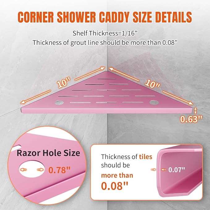 Corner Shower Shelves with Razor Hole, Modern Sturdy Shower Shelves Corner, 10" 304 Stainless Steel Shower Organizers Corner Shelf for Tile Wall, No Drilling Grout Mount Bathroom Shelf,Pink