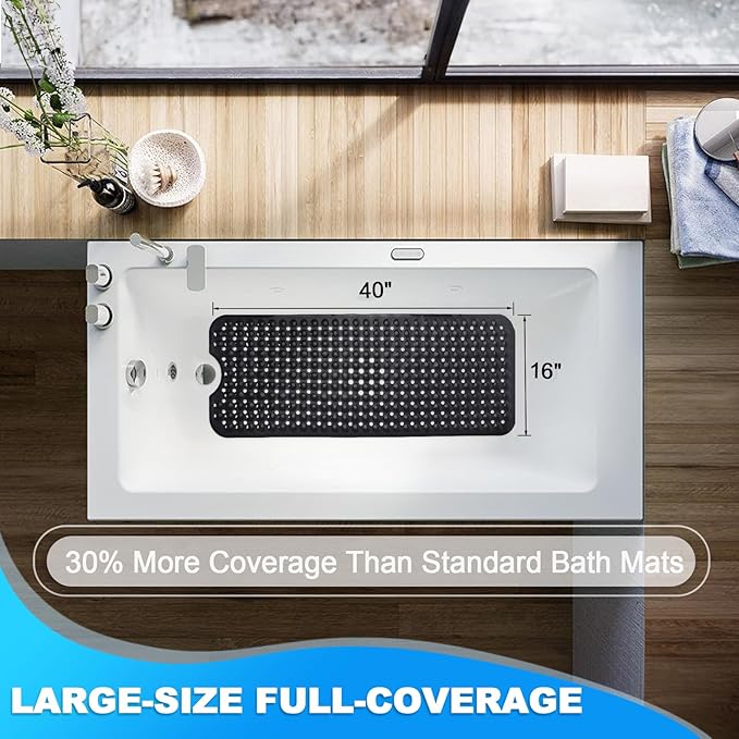 Bathtub and Shower Mats, 40x16 Inch Extra Large Non Slip Soft Bath Tub Mat with Suction Cups and Drain Holes for Bathroom Floor and Keep Tubs Clean, Machine Washable, Black
