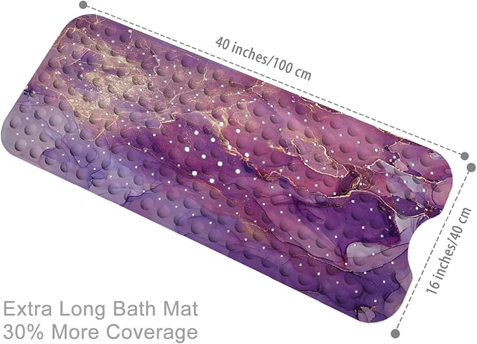 Purple Bathtub Mat Non Slip, 40x16 inch Bath and Shower Safety Mats, Shiny Abstract Marble Tub Mat for Bathroom, Tub Shower Mat with Drain Holes and Suction Cups