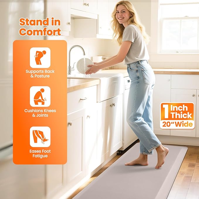 Kitchen Mats for Floor, 1 Inch Extra-Thick Kitchen Rugs, Waterproof & Non-Slip Anti Fatigue Mats, Comfort Standing Desk Mat for Kitchen Floor, Sink, Home, Office (20" X 72", Khaki)