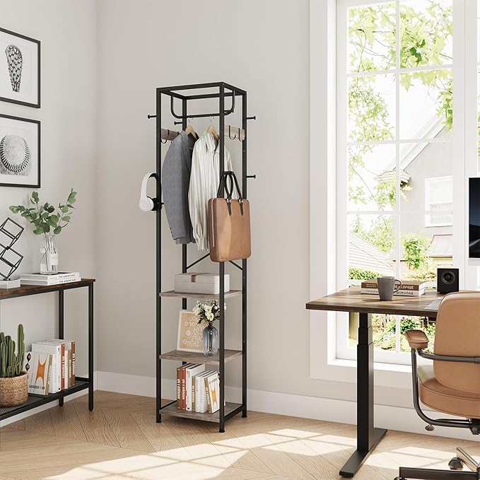 ELYKEN Coat Rack Freestanding, Hall Tree with 3 Storage Shelves and 12 Hooks, Industrial Clothes Rack Stand Organizer for Bedroom, Hallway, Entryway, Office, Living Room, Greige