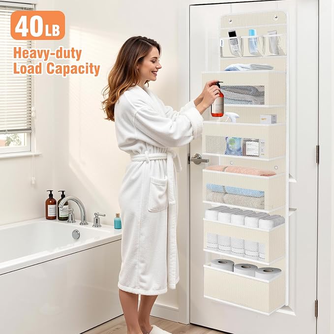 WISELIFE Over the Door Organizer - 6 Shelves Detachable Hanging Bedroom Storage Solution with 5 Large Pockets and 3 PVC Pockets for Dorm Bathroom, Pantry Nursery Baby Essentials (Beige)