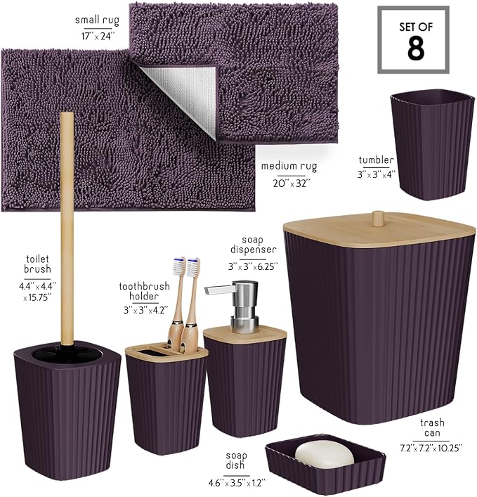 Clara Clark Bathroom Set - Purple Bathroom Accessories Set, 6PC Bathroom Accessory Set, Bathroom Sets with Bathroom Rugs, Toilet Brush, Trash Can & Soap Dispenser
