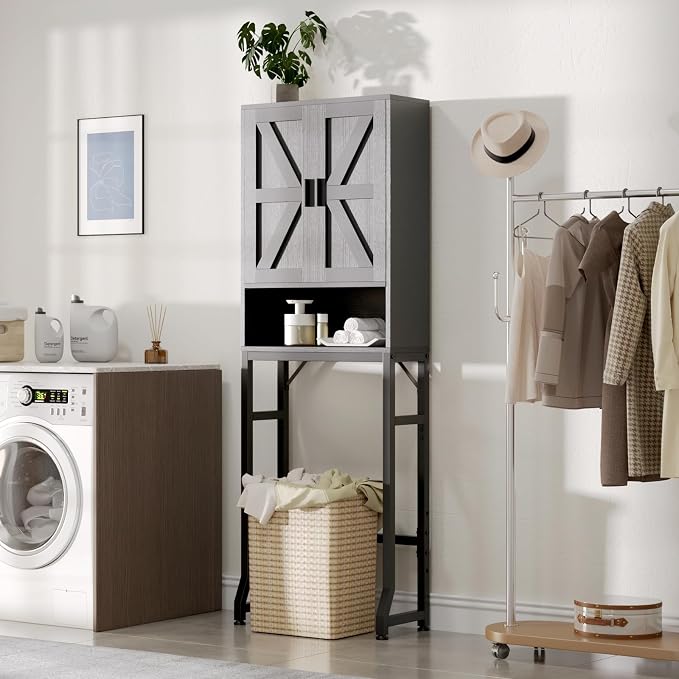 USHOWER Over The Toilet Storage Cabinet, Bathroom Organizers and Storage with Barn Doors, Thicken Metal Stand & MDF Wood Above Toilet Storage Cabinet, Freestanding Space Saver, Black