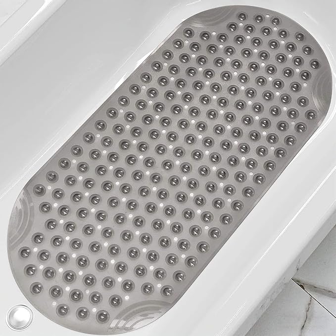 Anti Slip Bathtub Mat,Non Slip Bath Mat,16x35 Inch Extra Long Tub Mat,Machine Washable Bathroom Shower Mat with Suction Cups and Drainage Holes,Soft on Feet (Grey)