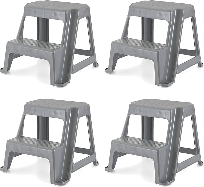 Gracious Living 16-Inch Tall Plastic 2 Step Stool, Portable Dual Step Ladder Foot Stool for Kitchen, Bathroom, Bedroom, and Garage, Gray (4 Pack)