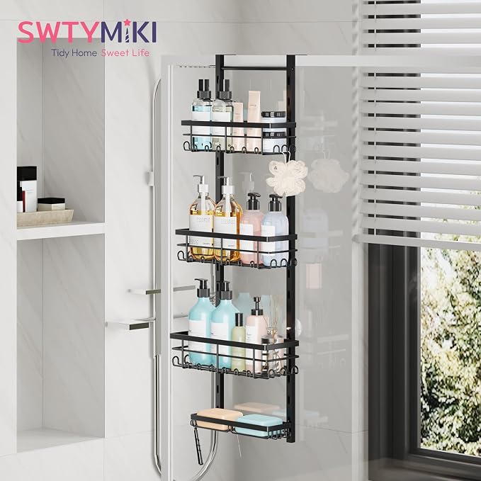 SWTYMIKI Over The Door Shower Caddy - 4 Tier Rustproof Hanging Shower Organizer with Adjustable Shelves, 40 Hooks & Soap Holder, Hanging Shower Rack Storage for Bathroom Accessories, Black