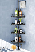HAMITOR Corner Shower Caddy Tension Pole: Adjustable Stainless Steel Shower Organizer 4 Tier Shelf for Bathroom Bathtub Shampoo - Floor Standing Rack Bath Storage Holder with Rust Proof Rods - Black