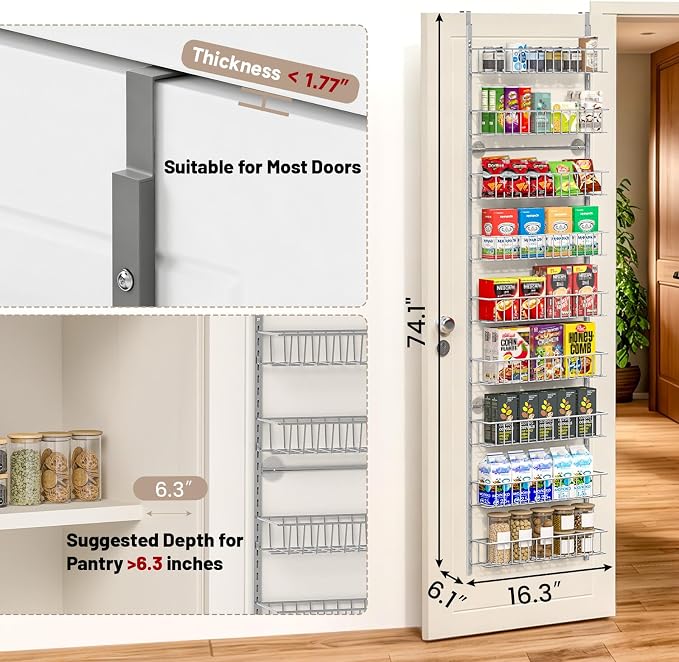 ElegantArray 9-Tier Pantry Door Oragnizer, Over The Door Pantry Organizer Rack and Storage, Hanging Spice Rack Shelves Door, Home Office Laundry Room Bathroom & Kitchen Organization, Light Gray
