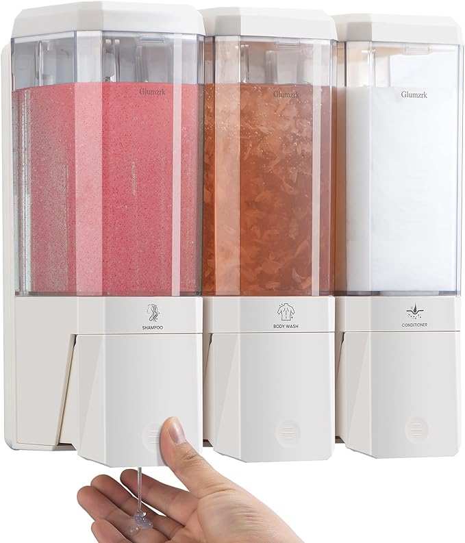 Shampoo and Conditioner Dispenser 3 Chamber No Drill Shampoo Dispenser for Shower Wall Mounted Shower Soap Dispenser 3 * 500ml Refillable Shower Dispenser for Bathroom Hotel(White 3 Chamber)