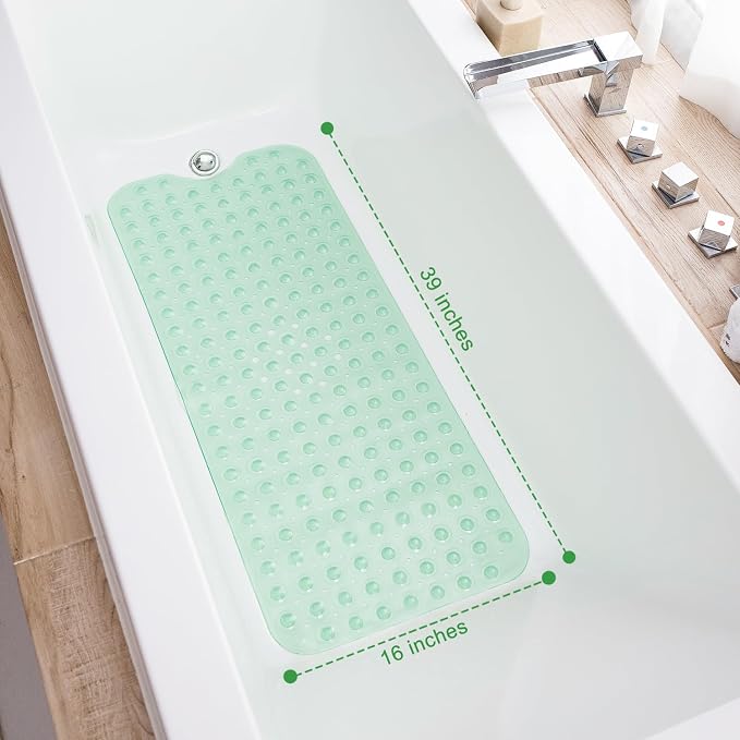 TEESHLY Bathtub Mats for Shower Tub, Extra Long Non-Slip 39 x 16 Inch Bath Mat with Drain Holes and Suction Cups, BathMat for Bathroom with Machine Washable (Clear Green)