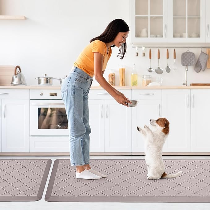 Cushioned Kitchen Mat 2 PCS, Anti Fatigue Kitchen Rugs, Heavy Duty Non-Skid, Ergonomic Comfort Foam Kitchen Floor Mat for Home, Office, Sink, Laundry, Khaki