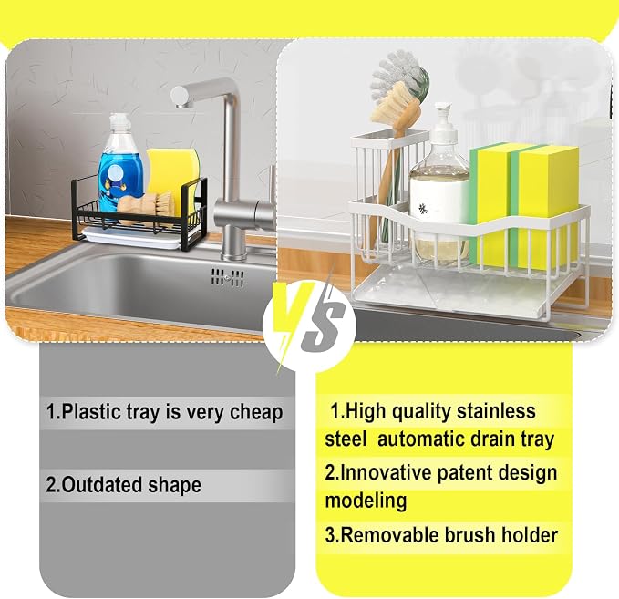 Fssvcd Maifan Sink Caddy Sponge Holder for Kitchen with Brush Holder and Stainless Steel Self Drain Tray, Rustproof Kitchen Sink Organizer for Sponge, Soap Dispenser Storage Accessories