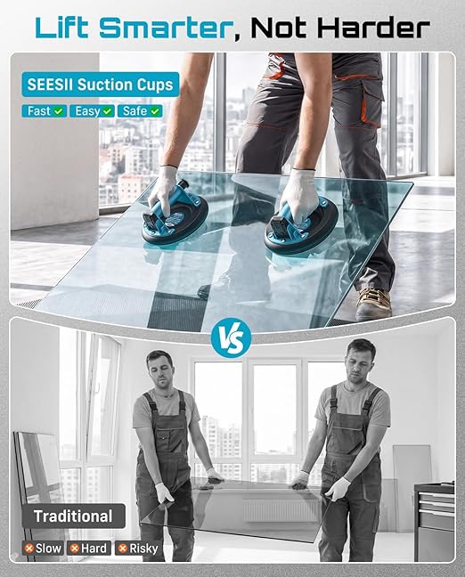 SEESII Suction Cups for Glass Lifting: 8" Tile Suction Cup Lifter with Handle and Pump, 200KG Load Capacity Heavy Duty Vacuum Lifter for Lifting Large Tile, Granite, Metal, Windows (2-Pack)