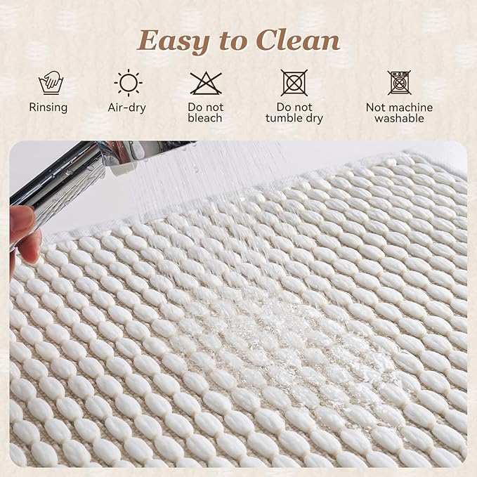 AMOAMI Unique Woven Bath Mat, Super Absorbent Non Slip Bath Mats for Bathroom Floor Textured Bathroom Mat Quick Dry Washable Boho Thin Bathroom Rugs for Beside Tub, 20" x 32", White