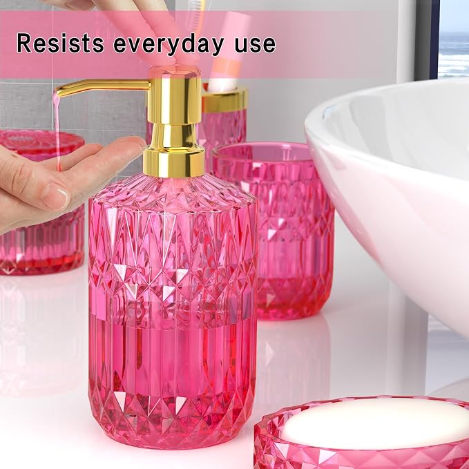 Hot-Pink Glass Bathroom Accessories Set 5 Pcs, Hot-Pink Bathroom Set, Soap Dispenser and Toothbrush Holder Set, Qtip Holder Set, Vintage Bathroom Sink Set, Cute Bathroom Decor