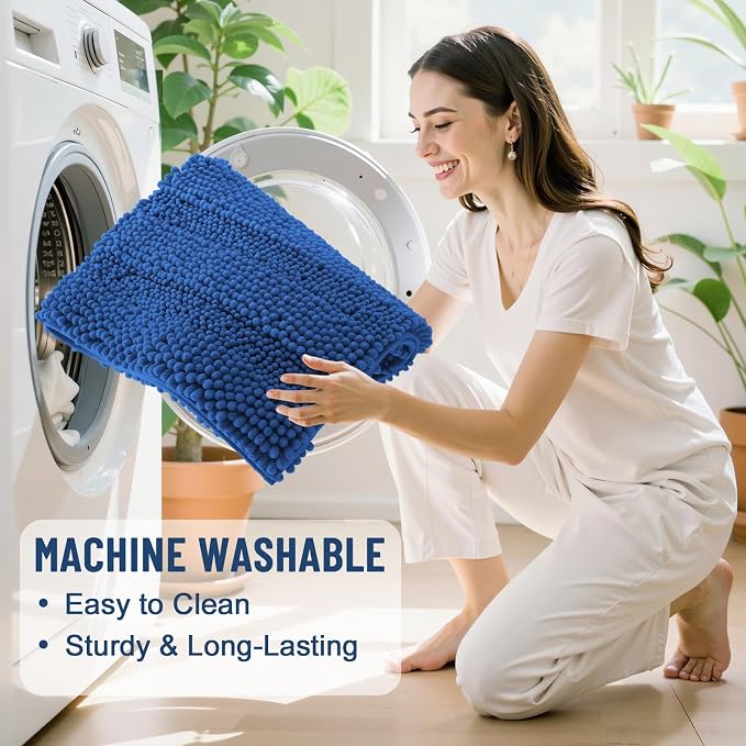 Grandaily Chenille Striped Bathroom Rugs 24x16, Extra Thick and Soft Absorbent Bath Mats, Rubber Backing, Plush Shaggy Shower Carpet, Machine Wash Dry, Bath Rug for Bathroom, Deep Navy Blue