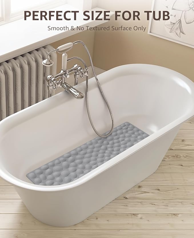 Bligli Bathtub Mat Non Slip, 16x40 inch Extra Long Bath Tub Mat with Strong Suction Cups, Soft Rubber Bathroom Floor Mat, Machine Washable, 100% BPA Free (Grey)