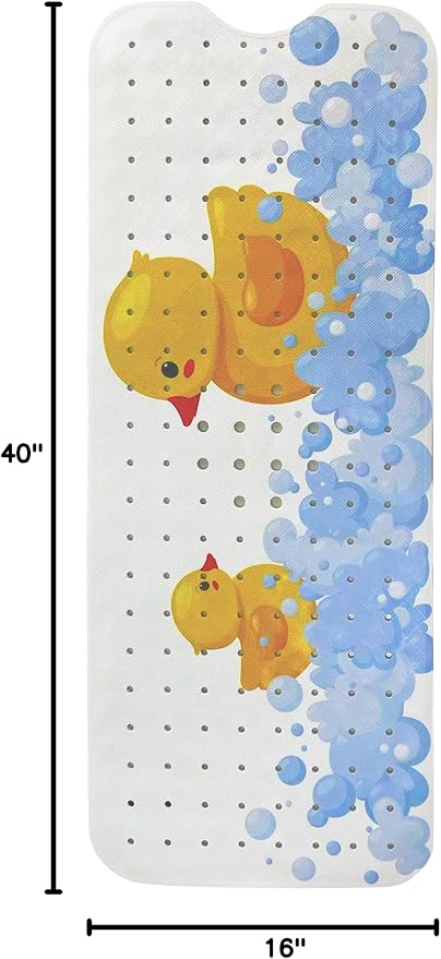 Kids Bath Mat 40x16 – Non-Slip Tub Bathmat Duck Print with Suction Cups & Drain Holes for Safe, Fun Bathtub Bath Time for Toddlers (40x16 Duck)