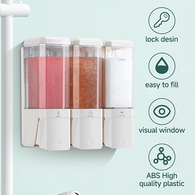 Shampoo and Conditioner Dispenser 3 Chamber No Drill Shampoo Dispenser for Shower Wall Mounted Shower Soap Dispenser 3 * 500ml Refillable Shower Dispenser for Bathroom Hotel(White 3 Chamber)