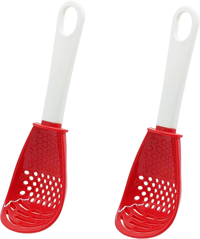 pack of 2, Red, Multifunctional cooking gadgets, 6 in 1 cooking utensils Slotted Spoon, 356°F Heat Resistant kitchen gadgets, Egg Separator, Cooking, Draining, Mashing, Grating, Cooking spoon
