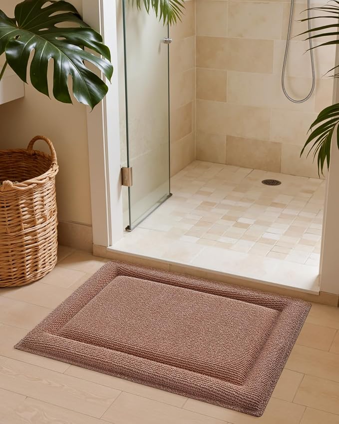 DEXI Memory Foam Bath Mat 32x20, Soft Absorbent Chenille Bathroom Rug, Non Slip Quick Dry Bath Mats for Bathroom, Thick Plush Floor Carpet for Tub Shower, Sink, Shrimp Red