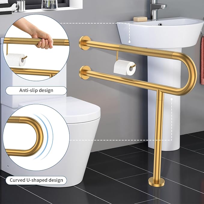 Toilet Grab Bar with Leg 31.5x28 Inch, ZUEXT Brushed Gold Knurled Toilet Support Bar with Toilet Paper Holder,Stainless Steel Wall & Floor Mounted Bathroom Support Rail for Seniors Disabled Pregnant