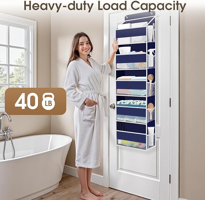 SpaceHacks 1 Pack Over The Door Organizer, Hanging Storage Organizer with Clear Window, 40lb Ultra Sturdy Large Capacity Room Organizer for Pantry Laundry Bathroom Nursery Closet (Blue)
