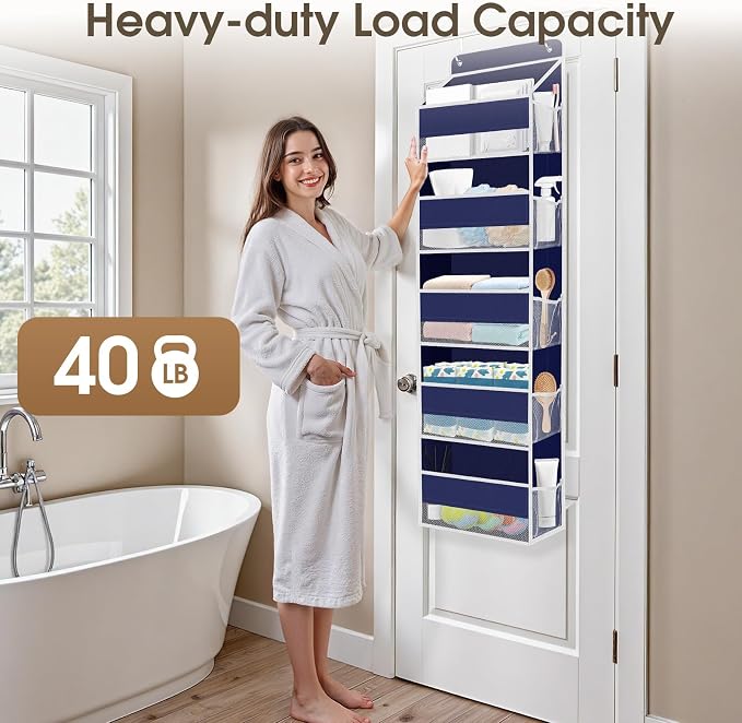 SpaceHacks 2 Pack Over The Door Organizer, Hanging Storage Organizer with Clear Window, 40lb Ultra Sturdy Large Capacity Room Organizer for Pantry Laundry Bathroom Nursery Closet (Grey)