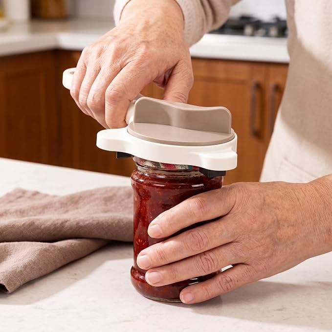 4 in 1 Multi-Purpose Jar Opener, Magnetic Stainless Steel with Ergonomic Handle, Multi-Size Lid Tool for Jars, Cans Wine, Ideal for Seniors, Arthritis and Weak Hands (Beige)