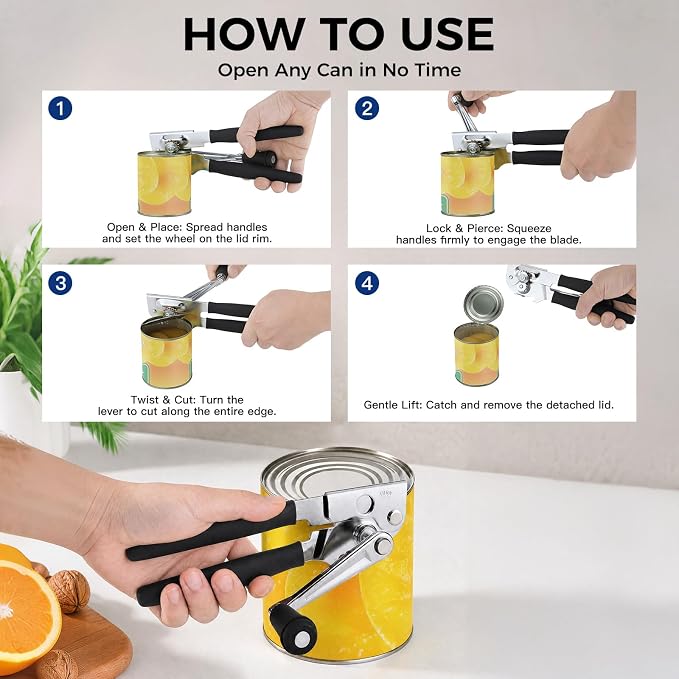 Heavy Duty Commercial Manual Crank Can Opener,Easy for Seniors & Arthritis | 360° rotation,easy cut,for restaurants & home kitchens,works on #10 cans,ergonomic
