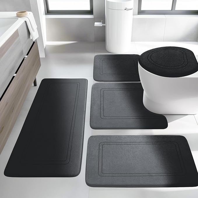 YIHOUSE Black Memory Foam Bath Mat Set, 5-Piece Non-Slip Absorbent Bath Rugs for Bathroom Floor, Quick-Dry Washable