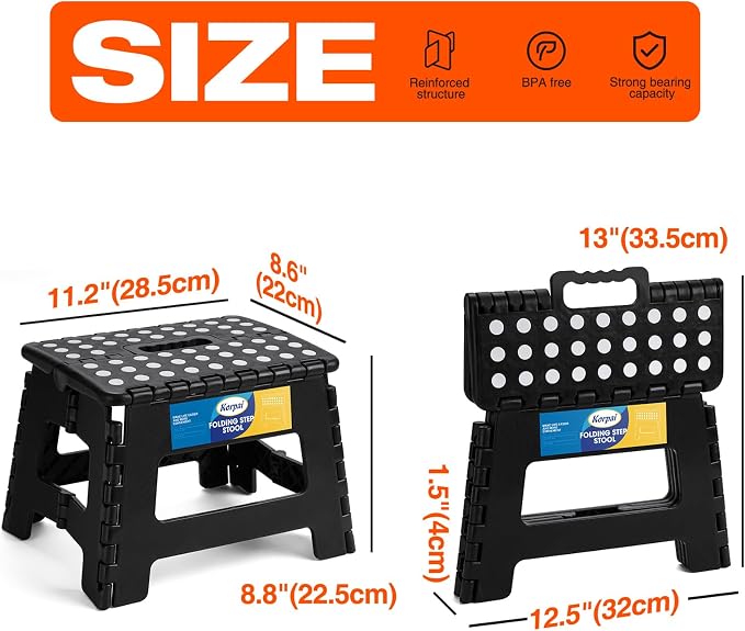 Korpai 9" Folding Step Stool for Adults,Kids,Non-Slip Folding Stools with Portable Handle,Plastic Foldable Step Stool for Kitchen ect,Black,1PC