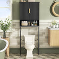 Over The Toilet Storage Cabinet with Fluted Doors and Adjustable Shelf, Tall Bathroom Organizer with Metal Stand Space Saver Over Toilet , Wood Rack for Bathroom, Restroom, Laundry, Natural Black