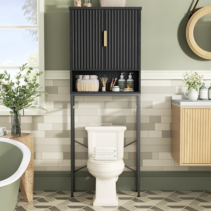 Over The Toilet Storage Cabinet with Fluted Doors and Adjustable Shelf, Tall Bathroom Organizer with Metal Stand Space Saver Over Toilet , Wood Rack for Bathroom, Restroom, Laundry, Natural Black