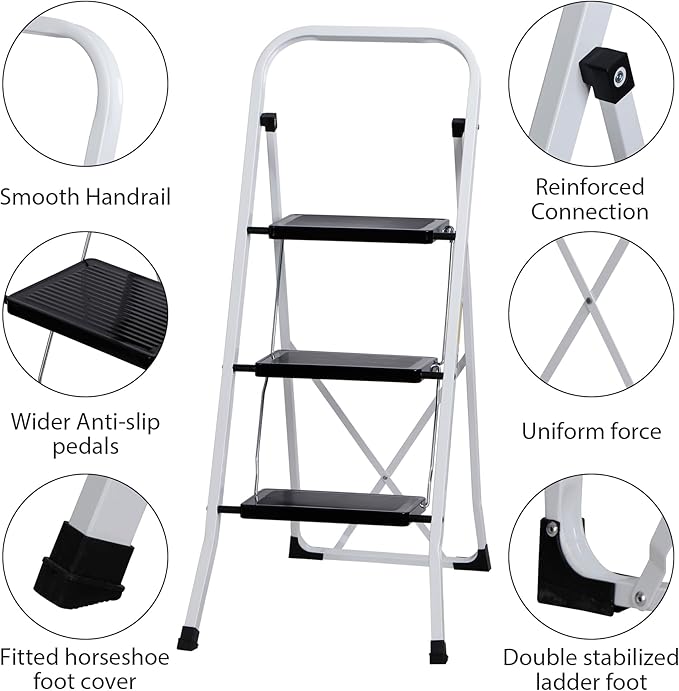 ZENY 3 Step Ladder Folding Step Stool with Wide Anti-Slip Pedal, Convenient Handgrip, Portable Steel Step Stool, 300 lbs Sturdy Steel Ladder for Household and Office, White