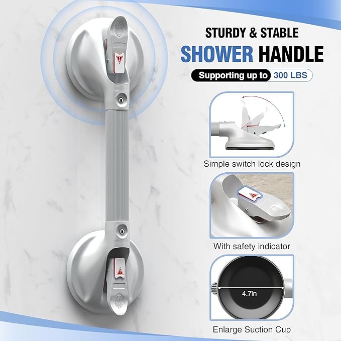 DAILYLIFE Grab Bars for Bathtubs and Showers, 15 inch Shower Handles for Elderly Suction, 300lbs Safety Shower Grab bar for Seniors and Elderly, White(1 Pack)